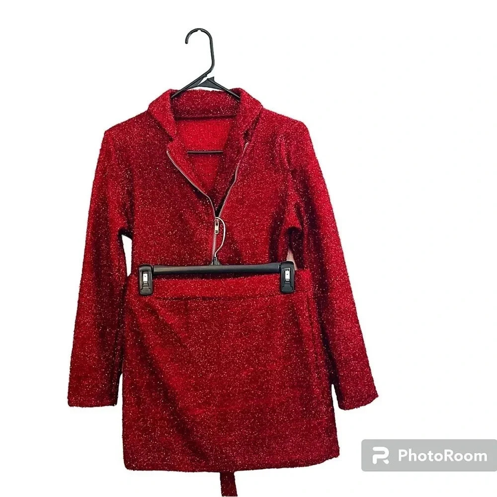 Red metallic fuzzy 2 piece set holiday part Christmas datenight small mini skirt